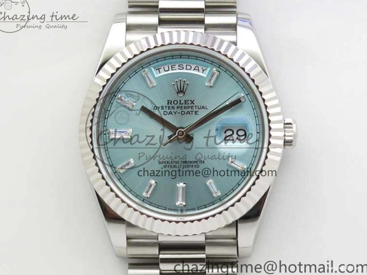 0417 SoftTouch Day-Date 40mm 228239 BP New Dial Version 904 SS Ice Blue T Crystal Markers Dial on SS President Bracelet A 2822